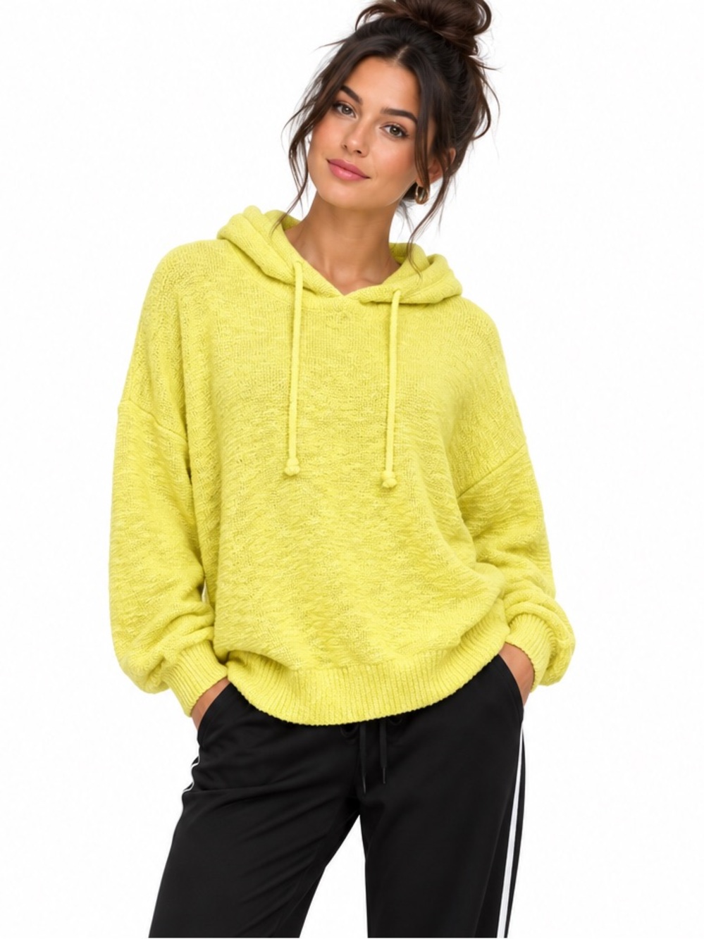 Stitches & Stripes Yellow Knit Hoodie Sweater Cozy Lounge Medium